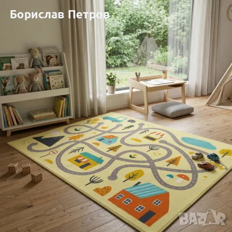 Детски килим за игра 120х160см - Светложълт килим с цветни къщички, противоплъзгащ и миещ се, снимка 4 - Мебели за детската стая - 55973492