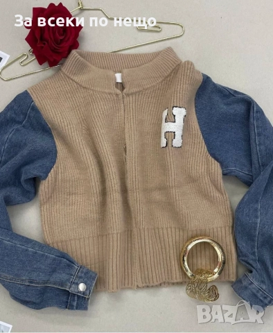 Дамски Италиански Плетен Пуловер С Деним - Налични Различни Цветове Код BS-83, снимка 2 - Блузи с дълъг ръкав и пуловери - 51871454