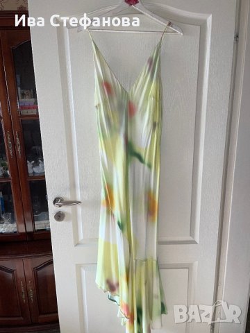 Разкошна сатенена лимонено жълто зелена свежа елегантна дълга асиметрична парти  сатен 100% визкоза , снимка 3 - Рокли - 41673550