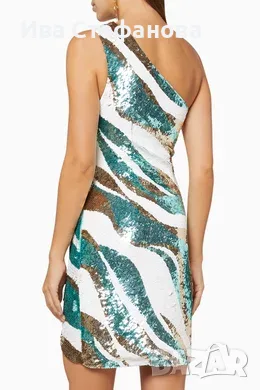  Elisabetta Franchi One-Shoulder Sequin къса парти официална коктейлна рокля пайети аквамарин , снимка 3 - Рокли - 46868543