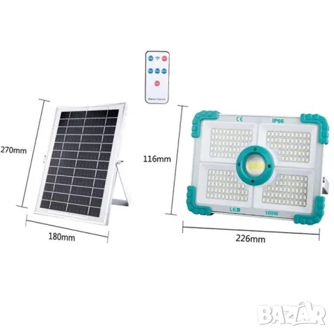 Соларен LED прожектор 100W с външен панел и дистанционно, снимка 2 - Аксесоари и консумативи - 55865225