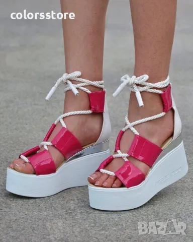 Сандали на платформа - циклама и бяло лак с бяло ходило - 311