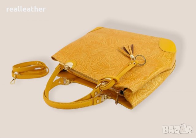 Дамска чанта с ефектна щампа от естествена кожа в цвят горчица, снимка 4 - Чанти - 34676545