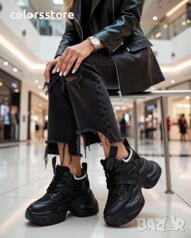 Кецове на платформа - черна кожа и мрежа - 3AL103 