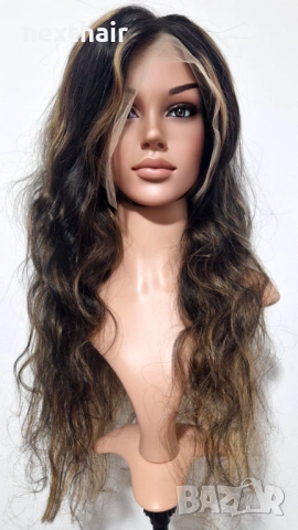 Естествена черна чуплива перука от бразилска човешка коса с руси кичури 75 см - Lace Front 13x6, снимка 7 - Аксесоари за коса - 53136499