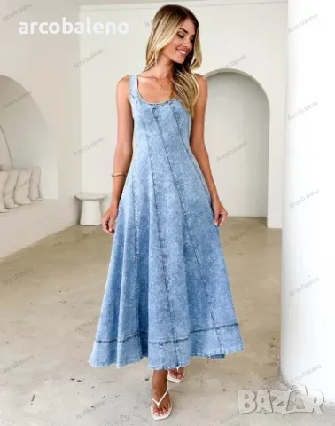 Дамска дълга дънкова рокля без ръкави без гръб с презрамки , снимка 5 - Рокли - 49794880