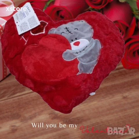 Подаръчна плюшена музикална възглавничка Сърце със сиво мече, 42см, снимка 2 - Плюшени играчки - 52740409