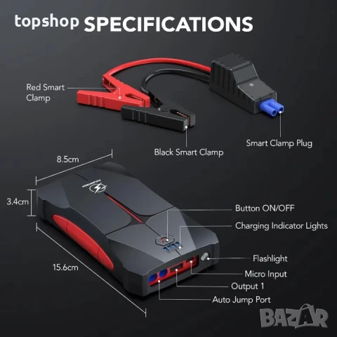 НОВ, ТЕСТВАН  Джъмп стартер / jump starter FLYLINKTECH Стартер за кола 1500A 12V Интелигентен..., снимка 2 - Аксесоари и консумативи - 50577238