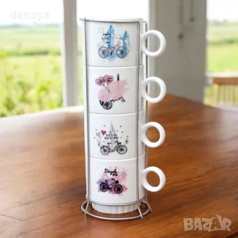 5546 Комплект керамични чаши за кафе на метална стойка Bicycle, снимка 3 - Чаши - 48332307