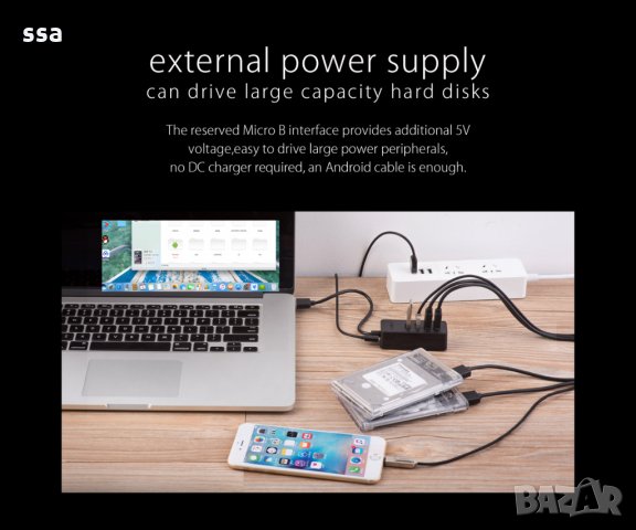 ORICO USB 3.0 HUB 4 Port, 1метър кабел, W5P-U3-100-BK-PRO, Гаранция 24 месеца, снимка 6 - USB Flash памети - 35687310