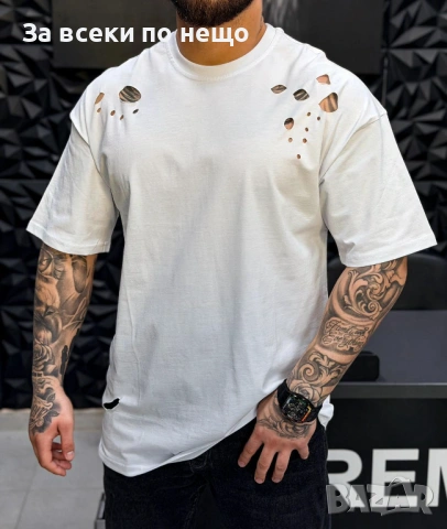 Мъжка Бяла Тениска С Дупки👕Мъжка Блуза С Къс Ръкав В Бял Цвят Код Premium F.5