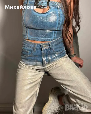 Продавам дънки и потник в синьо и сребро., снимка 2 - Комплекти - 48141869