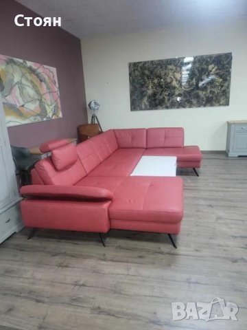 Червен кожен П образен ъглов диван ZE-EM21063 с функция сън, снимка 5 - Дивани и мека мебел - 44215938