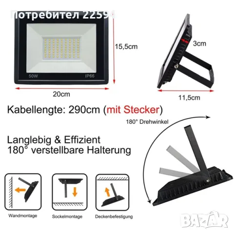 50 W LED външен прожектор IP66 с щепсел супер ярка 3 m кабел – студено бяло, снимка 5 - Прожектори - 55781630