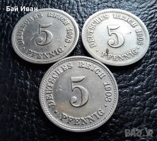 Стара монета 5 пфенига 1908 г. букви A , D и F - Германия -три разновидности !, снимка 10 - Нумизматика и бонистика - 39779148