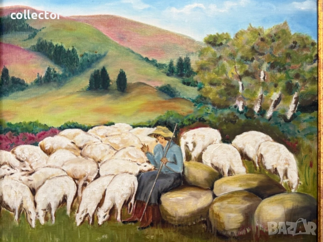 Маслена картина - "Овце на Паша" , снимка 2 - Антикварни и старинни предмети - 53618215