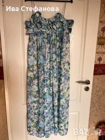 Ефирна кукленска дълга нова  синьо зелена рокля флорален принт цветя висока талия Mango MNG Манго , снимка 7 - Рокли - 47261737