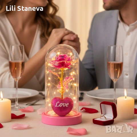 Светеща декоративна роза в купол - Светлина, романтика и любов. , снимка 3 - Изкуствени цветя - 53058338