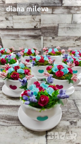 Сладурски чашки с нежни цветлета в тюркоаз и розово!!, снимка 8 - Декорация за дома - 53304069