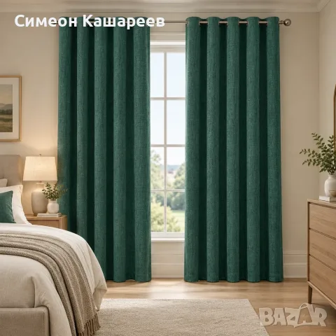 Затъмняващи термо завеси с ленен ефект, зелени, 2 бр., 290 × 140 см