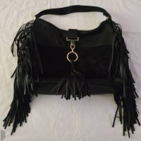 Английска дамска черна кожена чанта River Island с ресни, снимка 1 - Чанти - 42593975