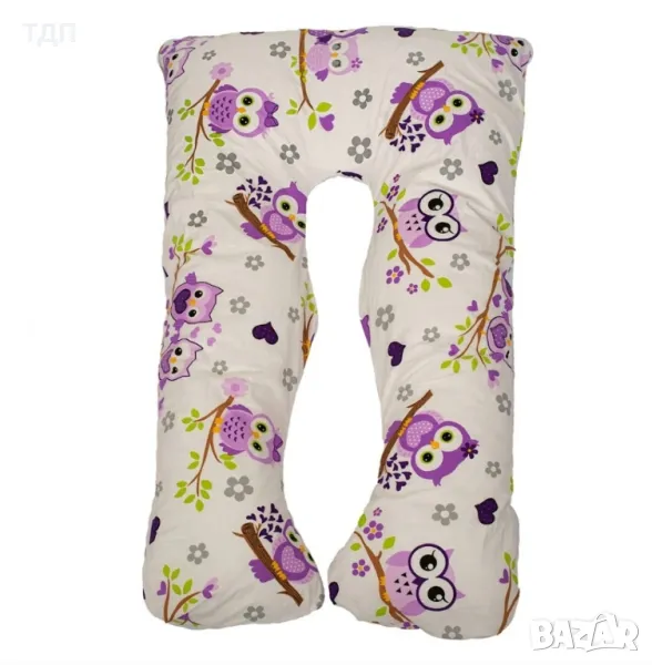Възглавница за бременни у -образна + 2 калъфки - лилави бухали и сиви звезди, снимка 1