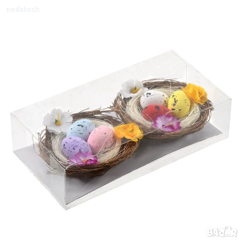 Великденски декоративни гнезда с яйца & цветя, 7x3cm - 2бр., снимка 1