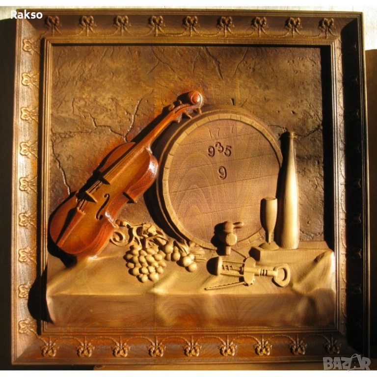 Дърворезба "Цигулка, грозде, бъчва ... ", снимка 1