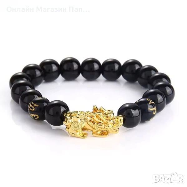 Фън Шуй гривна от черен обсидиан с позлатен Пи Сю – богатство и защита, снимка 1