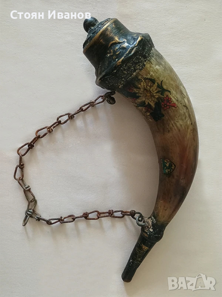 Старинна хайдушка рогова барутница за кремъчна пушка, пищов, снимка 1