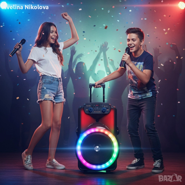 Караоке тонколона 12" BT-1218 с Bluetooth, цветомузика и 2 безжични микрофона – 2000W мощност за ист, снимка 1