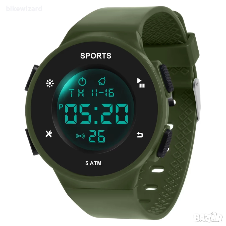 OFFCUP Мъжки дигитален часовник с хронограф със силиконова каишка LED осветление – зелен НОВ, снимка 1