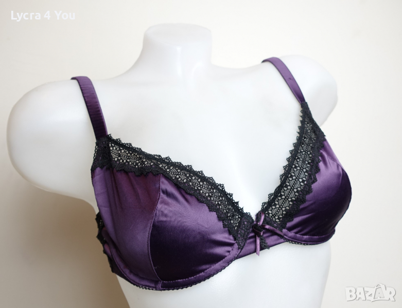 75С размер лилав сатенен сутиен с черна дантела с меки чашки, снимка 1