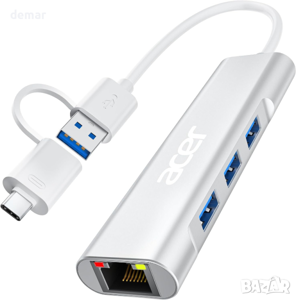 Acer USB А към Ethernet адаптер, 4-в-1 USB-А хъб с 3 USB-A 3.1 и 1Gbps RJ45 - НЯМА А към С адаптер, снимка 1