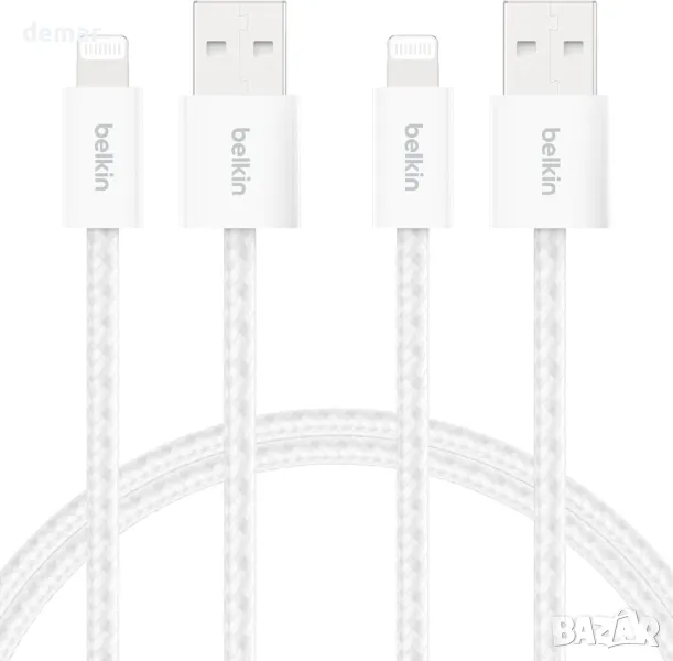2 броя Belkin плетен USB-A към Lightning кабел 1,5 м - мек, гъвкав кабел за бързо зареждане, бели, снимка 1
