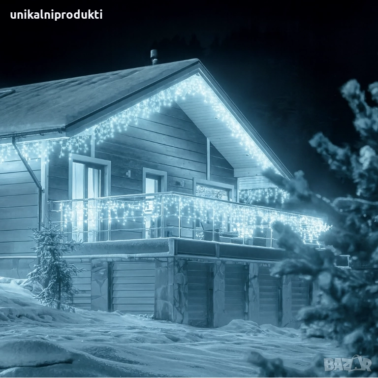 25м коледни външни лампички с ФЛАШ ЕФЕКТ LED завеса студено бяла светлина с бял флаш, снимка 1