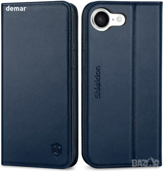 Калъф SHIELDON за iPhone 16e 6.1" 5G 2025, флип калъф от естествена кожа - тъмносин, снимка 1