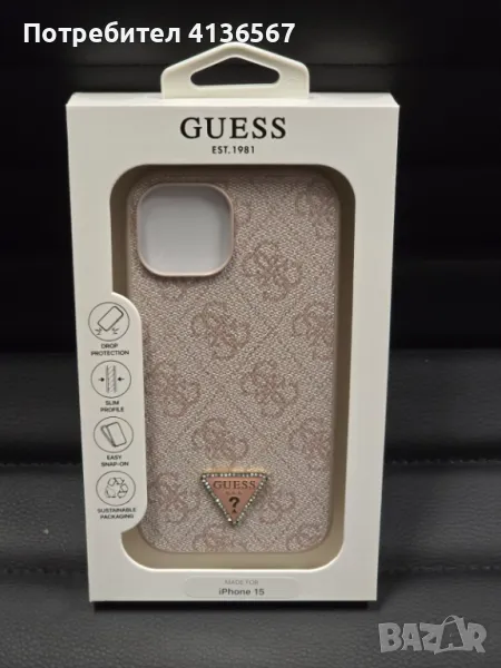 Защитен калъф Guess с метално лого PU 4G за iPhone 15, розов, снимка 1