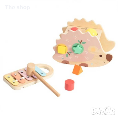 Забавен дървен таралеж - сортер с ксилофон в пастелни цветове (004)