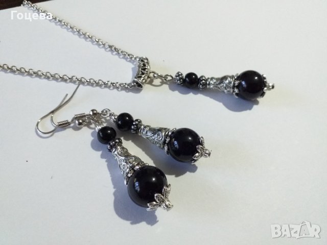 Красив комплект бижута с черен порцелан и прекрасни орнаменти в цвят Сребро , снимка 3 - Бижутерийни комплекти - 35745407