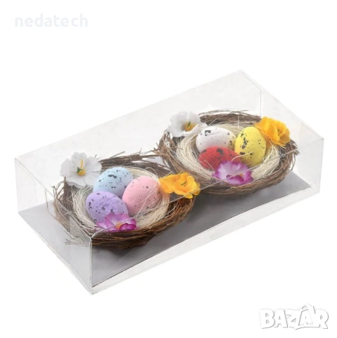 Великденски декоративни гнезда с яйца & цветя, 7x3cm - 2бр.
