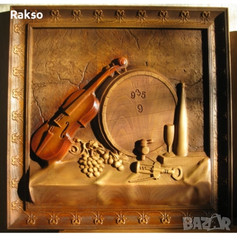 Дърворезба "Цигулка, грозде, бъчва ... "