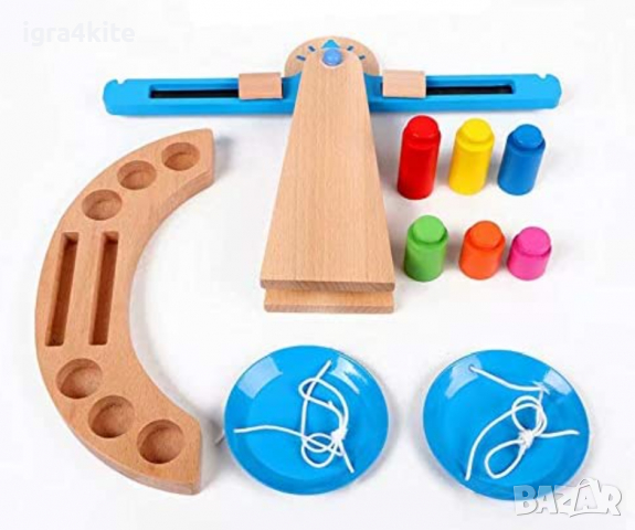 НАМАЛЕНА ЦЕНА! Дървена везна с метални чинийки дървени тежести и магнитна скала, снимка 3 - Образователни игри - 36522235