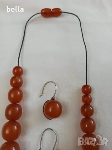 Стар руски  кехлибарен гердан с  кръгли,плътни зърна и обеци кехлибар и сребро , снимка 8 - Антикварни и старинни предмети - 47365532