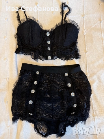 Луксозен черен дантела дантелен сет комплект от две части бикини висока талия с диамантени копчета , снимка 4 - Бельо - 52722150