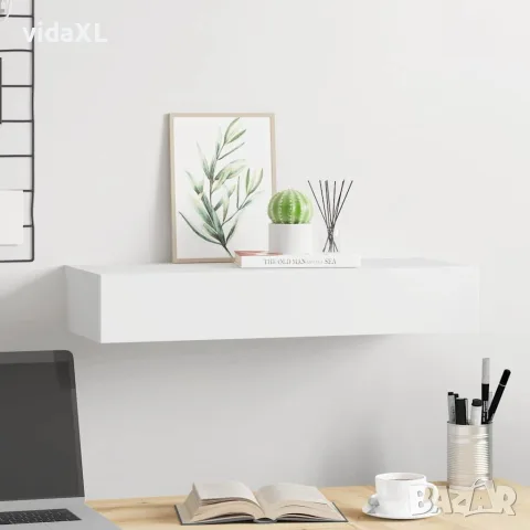 vidaXL Стенен рафт с чекмедже, бял, 60x23,5x10 см, МДФ, снимка 3 - Етажерки - 56146928