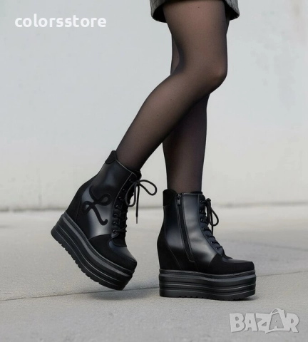 Боти на платформа - черна кожа и велур - BML60 