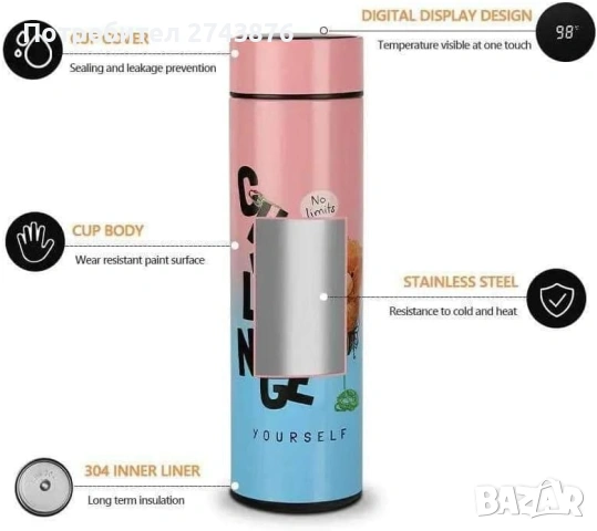 Термос детски с мече, Неръждаема стомана, LED дисплей, Температурен дисплей , 500мл, снимка 5 - Аксесоари за кухня - 35610195