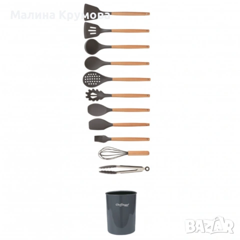Комплект 12 части кухненски прибори със стойка Cheffinger – силиконови накрайници, дървени дръжки, т, снимка 2 - Прибори за хранене, готвене и сервиране - 53174525