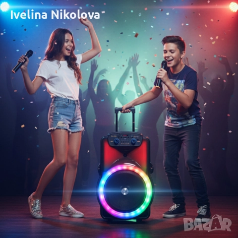 Караоке тонколона 12" BT-1218 с Bluetooth, цветомузика и 2 безжични микрофона – 2000W мощност за ист